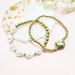 2 Pcs Pearl and Bead Stretch Bracelet Set
